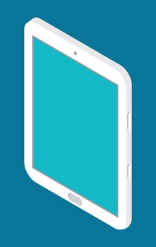 Isometric tablet, smartphone or cellphone icon, modern technology. Digital device with touchscreen, tablet turned off. Device for communication or for using internet. Isolated flat icon at blue. Isometric tablet icon, modern technology, digital device, touchscreen, tablet turned off, flat style