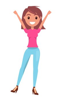 Young smiling girl on high heels stands and holds her arms over head. Modern bright style of clothes. Woman poses. Woman in casual clothes in different poses. Vector character illustration on white. A young girl on heels poses, holds her arm over head. Vector character illustration, flat style