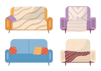Set of sofa illustrations on theme of leisure furniture. Couch with colorful pillows vector. Sofas isolated on white background. Arrangement of furniture. Living room interior design divan elements. Set of illustrations on theme of leisure furniture. Couch with colorful pillows vector illustration
