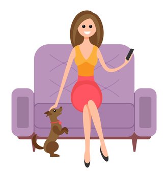 Woman is sitting on the couch and petting the dog. Beautiful girl with a phone in her hands. Female character is resting and spending time at home with her pet. The puppy stands on its hind legs. Woman is sitting on the couch and petting the dog. Beautiful girl with a phone in her hands