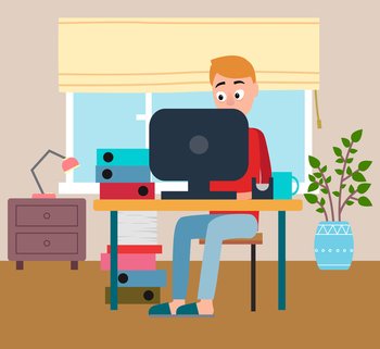 Man in casual outfit and slippers sitting home on chair and browsing or working on computer. Male character works at home, freelancer at the desk and many folders. Remote worker or student in the room. Man in casual outfit and slippers sitting home on chair and browsing or working on computer