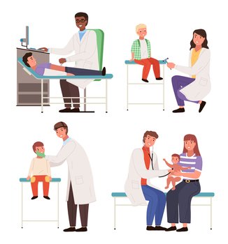 Set of illustrations on the topic of treating sick children. Doctor works with patients. Physician helps treat people. Cartoon characters in hospital consultation. Mom holds a son during examination. A set of illustrations on the topic of treating sick children. The doctor works with patients