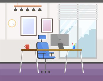 Workplace of the office worker. The table and chair are in the office. Organization of the interior of the room for freelance work. Design and layout of the arrangement of furniture and appliances. Workplace of the office worker. Organization of the interior of the room for freelance work