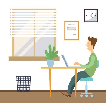 Office worker at the table with a laptop. Businessman or a clerk working at his office workplace flat style illustration. Smiling man enterpreneur, student performs work on a computer side view. Office worker at the table with a laptop. Businessman or a clerk working at his office workplace