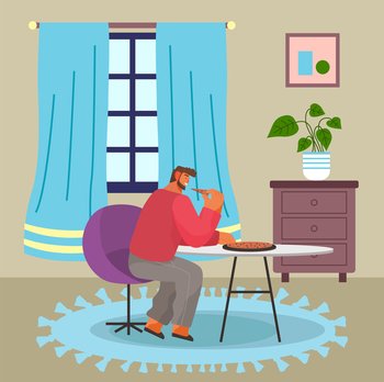 Cartoon hero sits on chair in the living room and eats a slice of pizza. Online home delivery food . Cozy interior. Stay home be safe awareness social media campaign and coronavirus prevention. Man sitting at home and eating pizza. Food delivery. Self-isolation due to covid-19 flat image