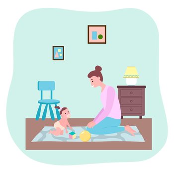 Mother playing with toddler girl at carpet with ball, cube toys. Happy woman looking at her daughter. Parent and child spend time together playing games. Care of young parent. Parenting concept. Mother playing with toddler girl at carpet, ball, cube toys, happy woman looking at her daughter