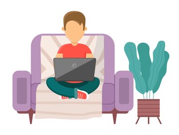 The man is sitting on the couch. Young guy is working on the laptop in his hands vector illustration. Freelancer works from home. Male character is resting and spending time with computer in apartment. The man is sitting on the couch. Young guy is working on the laptop in his hands vector illustration