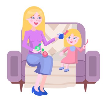 Mother gives the baby to drink from a cup. How to take care of the child flat vector illustration. A woman sitting on a couch next to daughter. Mom holds a handful of apples for a small child. Mother gives the baby to drink from a cup. How to take care of the child flat vector illustration