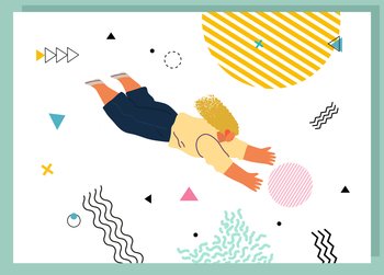 Woman flying in abstract imaginary space organizing geometric shapes. Person in a pose of movement collecting figures. Teamwork and team building organization concept. Modern business illustration. Woman flying in abstract imaginary space organizing different geometric shapes. Teamwork concept