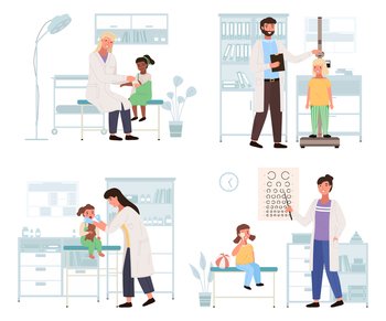 A set of illustrations on the topic of work with small patients in hospital. Children visiting the pediatrician. Doctor checks the eyes, throat and height of children. Orthopedist treats a girl. Set of illustrations about work with small patients in hospital. Children visiting the pediatrician