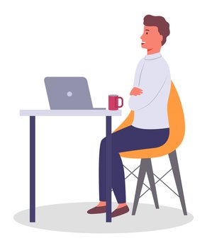 Vector flat illustration of business person smiling relaxing sitting at table in office. Businessman using laptop, drink coffee. Cartoon character working with computer. Man isolated at white. Business person smiling relaxing sitting at table in office, businessman using laptop, drink coffee
