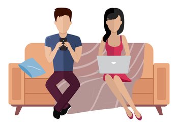 The couple is sitting on the couch. Girl and guy are chatting with a smartphone and a laptop. Cartoon characters are resting and spending time together at home. People working with technologies. The couple is sitting on the couch. Girl and guy are chatting with a smartphone and a laptop