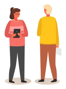 Young woman wearing pink longsleeve, grey trousers, glasses stands with black tablet and talks to a man wearing yellow sweater and brown pants, holding a white tablet. Man back view. Flat image. Woman in glasses with digital device talking to the man with tablet. Flat vector illustration