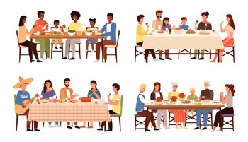 Set of theme of people having family dinner in traditional styles of countries of world. Cartoon characters in national costumes taste dishes vector illustration. Family gathering around dining table. Set of illustrations on the theme of people have dinner in traditional styles of countries worldwide