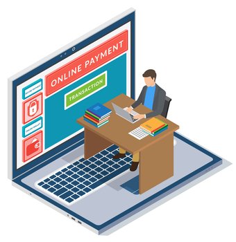 Mobile payment or money transfer with laptop concept. E-commerce market shopping online isometric illustration. Businessman using easy online payment service sitting at a table with computer. Mobile payment or money transfer with laptop concept. E-commerce market shopping online