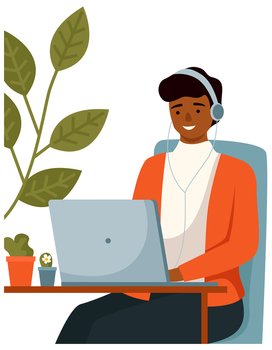 Business woman sitting at a desk working with laptop. Female manager typing on computer. Office worker girl or freelancer in headphones at home, work on the Internet, communication on social networks. Female character office worker or freelancer in headphones at home, work on the Internet isolated