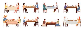 Set of illustrations on the theme of world cuisines tasting. Couples on dates isolated on white background. People communicate and spend time together. Characters are eating national dishes. Set of illustrations about world cuisines tasting. Couples on dates isolated on white background