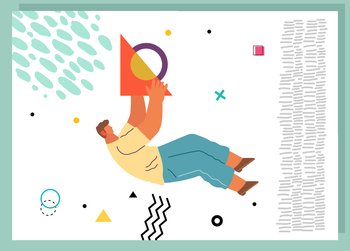 A man flying in abstract imaginary space organizing geometric shapes. Person in a pose of movement collecting figures. Teamwork and team building organization concept. Modern business illustration. A man flying in abstract imaginary space organizing different geometric shapes. Teamwork concept