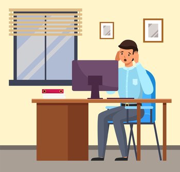 Young businessman experiencing stress at work because of the bed news and office chaos. Man sitting at a table with computer looking at the monitor, character surprised opened his mouth and eyes wide. Young businessman experiencing stress at work at a table because of the bed news and office chaos