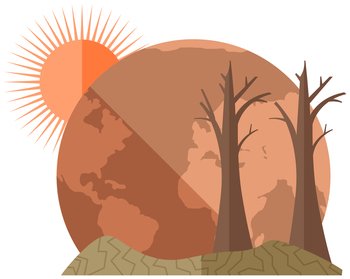 Earth global warming poster. Dried, hot and red planet globe under scorching rays of sun vector illustration. Globe suffering from global warming. Saving Earth and environmental care concept. Earth global warming poster mockup. Dried, hot and red planet globe under scorching rays of sun