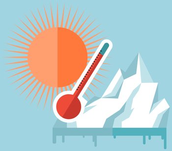 Melting glaciers due to global warming. Rising air and water temperatures displayed on thermometer. Sun heats surface of Earth. Planet heats up and causes glaciers to melt and water levels rise. Melting glaciers due to global warming. Rising air and water temperatures displayed on thermometer