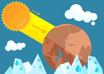 Sun shines rays on planet and heats it. Global warming and environmental problems. Temperature of Earth is rising due to greenhouse effect and human activity. Melting glaciers and evaporation of water. Melting glacier and evaporation of water. Sun shines ray on planet and heats. Global warming concept