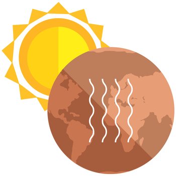 Global warming and environmental problem concept. Temperature of Earth is rising due to human activity. Sun shines on globe and heats it up. Drainage of surface of planet and evaporation of water. Drainage of surface of planet and evaporation of water. Sun shines on Earth and heats it up.
