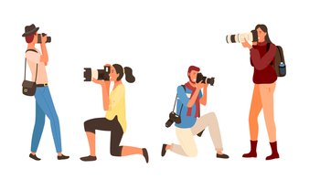 Professional man and woman with camera, shooting outdoor. Photographers set in casual clothes, male and female photographing, paparazzi equipment vector. People Photographing, Man and Woman Shoot Vector