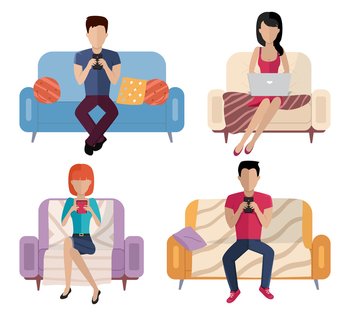 Set of illustrations on the theme of people surfing the internet. Characters sit with electronics. Teenagers are chatting with smartphones. Female freelancer is working from home with a laptop. Set of illustrations on the theme of people surfing the internet. Characters sit with electronics