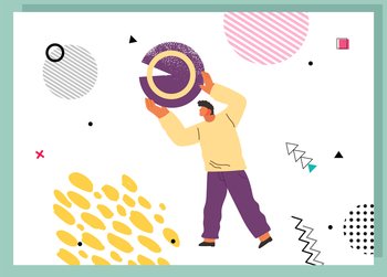 Young man holding and organizing abstract circular geometric shape overhead flat vector illustration. Person standing with round object in hands on white background. Business building concept. Young man holding and organizing abstract circular geometric shape overhead vector illustration