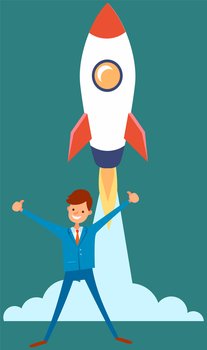 Career development with happy businessman ready flying high on space ship. Startup and successful innovation business launch concept. Male character stands near rocket happily raised his hands up. Career development poster template with happy businessman ready flying high on space ship
