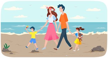 Family is walking on shore. People are spending time together on sandy beach. Parents and children walk by handle near ocean bank. Kids eating ice cream and playing with toys. Joint pastime at resort. Parents and children walking by handle near ocean bank. Joint pastime with family at resort