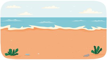 Coastline with ocean at high tide vector illustration. Seascape with salty water on seashore. Water covers sandy beach with waves. Light breeze on ocean bank. Plants growing on shore of reservoir. Coastline with ocean at high tide. Seascape with salty water on seashore. Sea covers sandy beach