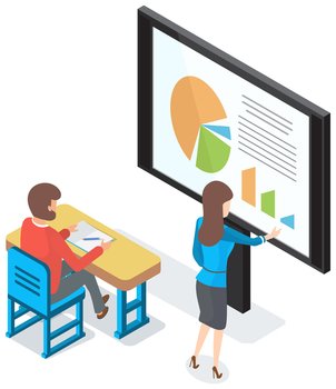 Business lecture with mentor and male student, seminar. Woman teacher using interactive whiteboard with charts teaching statistical analysis. Business trainer explaining change in development process. Business lecture with mentor and male student, seminar. Woman teacher using interactive whiteboard