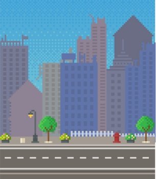 Empty city vector illustration. City downtown landscape with skyscraper silhouettes. Design for mobile app, computer game. Low-rise apartment buildings on background of sky. Modern town architecture. City downtown landscape with skyscraper silhouettes. Low-rise buildings on background of sky