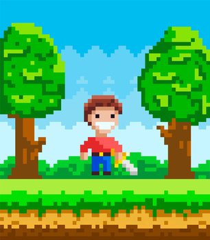Vector pixel-game character. Illustration of pixelated man with steel sword in nature landscape forest background. Cartoon person to use in computer game. Minimalistic pixel warrior with weapons. Vector pixel-game character. Pixelated man with steel sword in nature landscape forest background