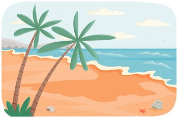 Oceanic coastline at high tide. Seascape with salty water on seashore. Sandy beach with palm trees. Light breeze on ocean bank. Plants growing on shore. Beach resort by sea vector illustration. Beach resort by sea vector illustration. Oceanic coastline at high tide. Sandy shore with palm trees