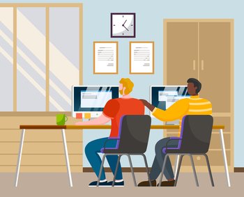 Young men sitting at a table working on the computers together in office, programmers teamwork, business analysis, design, strategy. Flat vector cartoon illustration. Man is working at his laptop. Young men sitting at a table working on the computers together in office, programmers teamwork