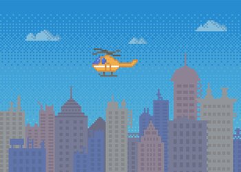 Red pixel helicopter in blue sky over buildings. High speed vehicle in pixel-game on city background. Aircraft flies over pixelated metropolis. Transport carries out special mission over clouds. Red pixel helicopter in blue sky over buildings. High speed vehicle in pixel-game on city background