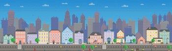 Empty city with long road along pixelated houses vector. City downtown landscape with colored buildings. Design for mobile app, computer game. Low-rise apartment buildings in pixel style. Empty city with long road along houses vector illustration. City downtown landscape in pixel style