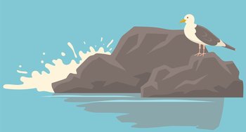Ocean landscape with sea bird representative vector illustration. Waves hit rocks and spray scatters. Seagull with folded wings and closed yellow beak standing on stone. Water surface of sea. Seagull with folded wings and closed beak standing on stone for ocean landscape vector illustration