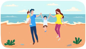People are spending time together on sandy beach vector illustration. Parents and children playing with each other near ocean bank. Joint pastime at resort. Mom and dad have fun with son at sea. Parents and children playing with each other near ocean bank. Joint pastime at summer resort