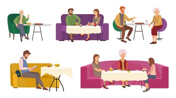 Set of illustrations on the topic of joint dinner with food. People communicate while eating. Tasty dinner at home vector illustration. Nutrition with acquaintances isolated on white background. Set of illustrations on the topic of joint dinner with food. People communicate while eating