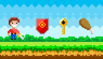 Pixel art game background with young man and pixelated magic objects in nature landsape. Pixel-game scene with male warrior, ground, grass, cloudy sky, gold key, shield with emblem and meat bone. Pixel art game background with young man with sword and pixelated magic objects in nature landsape