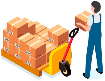 Worker loading boxes on carrier. Postal transportation. Man wearing uniform holding box, put it on stack with boxes. Cartoon illustration of delivery service. Cardboard parcels for shipment from china. Worker loading boxes on carrier. Man wearing work clothes holding box, put it on platform