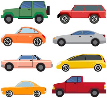 Set of modes of transport and machine shapes. Transport isolated on white background. Crossover, hatchback, pickup, cabriolet vehicle vector illustration. Cars of different types without drivers. Cars of different types without drivers. Set of modes of transport and shapes vector illustration