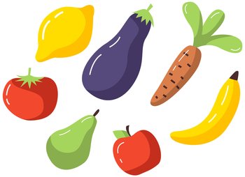 Vegetables and fruits icons set. Creative colorful flat design illustrations and concepts for web banners, printed materials, web sites, infographics. Fresh cartoon organic fruits isolated on white. Vegetables and fruits icons set. Creative colorful flat illustrations and concepts for web banners