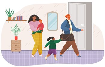 Angry man leaving family after conflict. Woman and man quarreling, father leaves thinking of divorce, children suffering, wife crying. Unhappy marriage vector illustration. Domestic quarrels, problem. Angry man leaving family after conflict. Woman and man quarreling, father leaves thinking of divorce