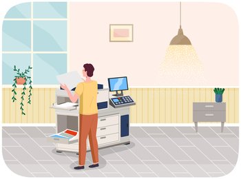 Young professional man working in typography at print to printer. Concept employee character, electronic device, laptop and computer paint service. Vector illustration print house worker use equipment. Young professional man working in typography at print to printer. Print house worker use equipment