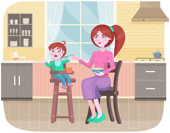 Mother feeding her little daughter sitting in high chair in kitchen. Woman gives her child porridge from spoon. Young mom nursing her baby at home. Small girl enjoys dinner her mother has prepared. Mother feeding her little daughter sitting in high chair in kitchen. Woman gives her child porridge